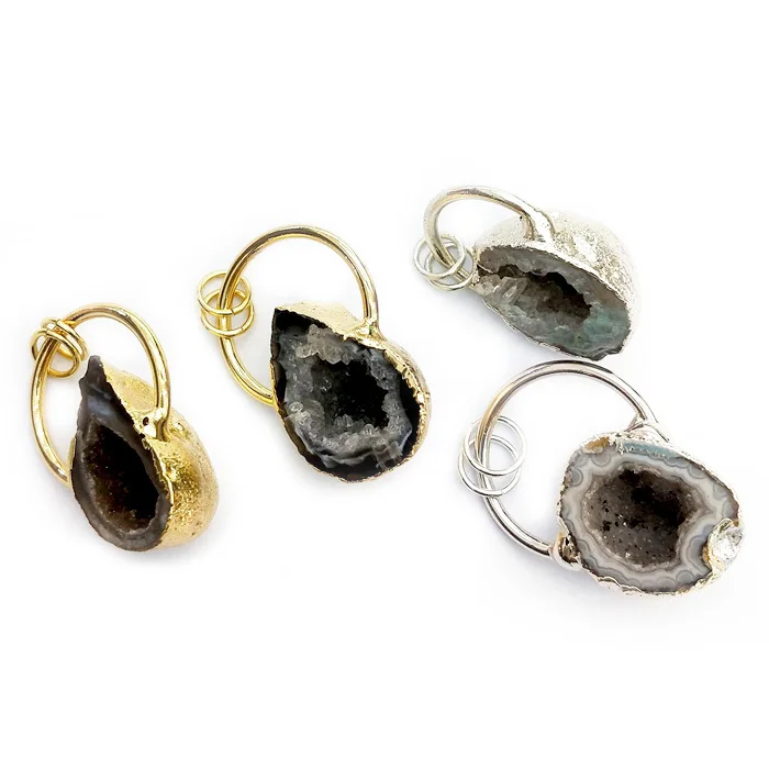 

Wholesale Gold Bezel Setting Black Crystal Gemstone Sterling Silver Agate Large Geode Druzy Pendant Drusy Pendants Jewelry, Multi natural pendant