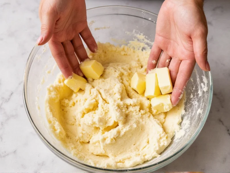 Hands mixing pie dough with visible butter chunks in bowl