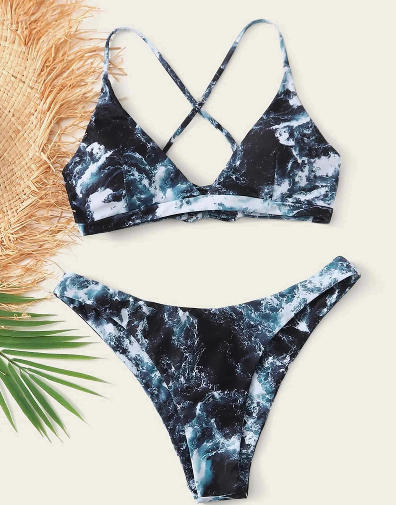 

2021 New Design Marble Color Print Bikini Two Piece Women Swimwear Set, 4colors