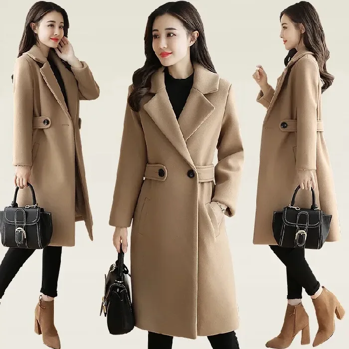 

M-4XL Knee-length woolen coat Women's mid-length autumn and winter thickened temperament slimming woolen coat