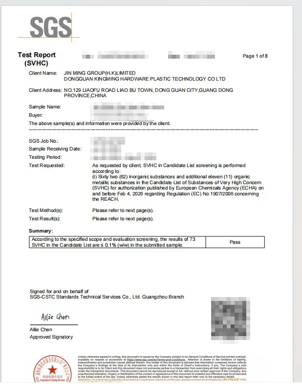 Rapport de test SGS REACH SVHC pour Dongguan Kingming Hardware — 73 substances SVHC, toutes ≤ 0,1 %, CONFORME