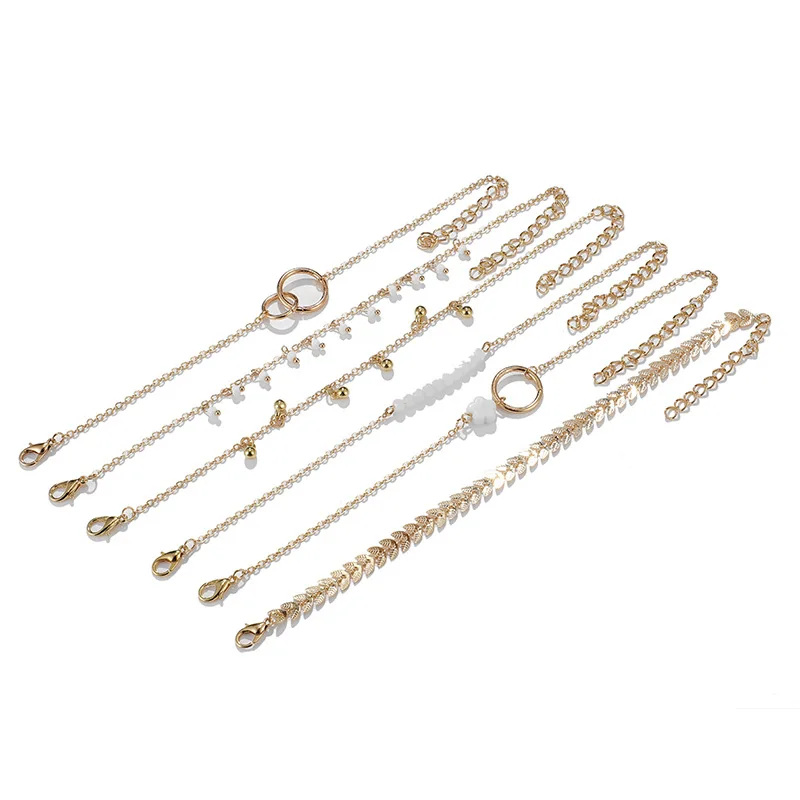 

New simple circle Chain European and American personality 6 piece set small flower arrow leaf combination bracelet, Gold