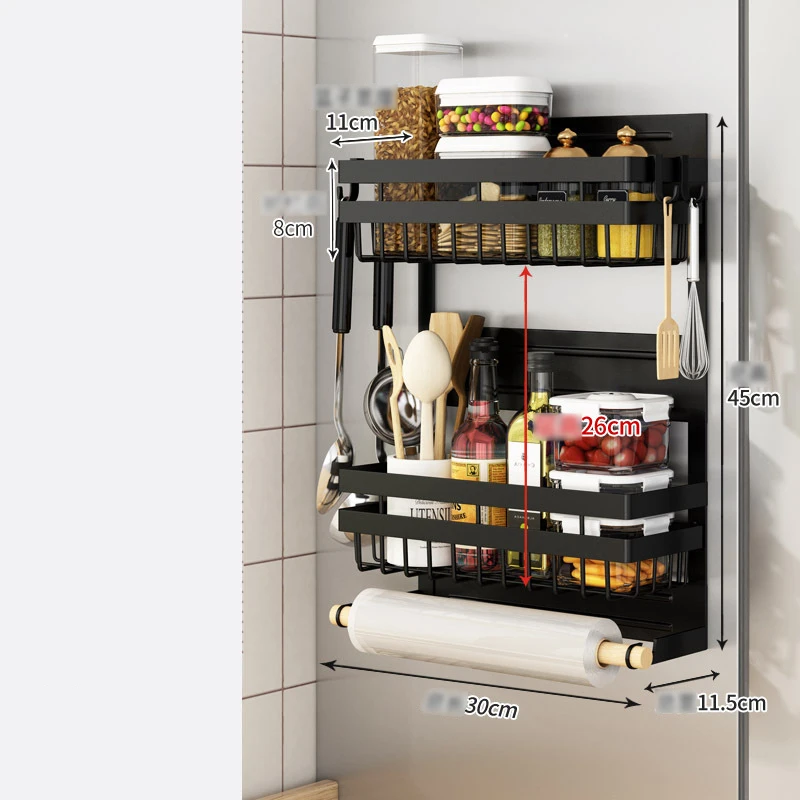 

BBA297 Black fresh-keeping bag refrigerator Microwave side hanging shelf Magnetic Punch-free Seasoning storage Kitchen shelf