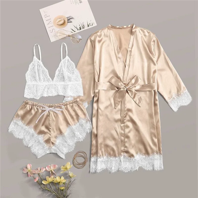 

sfy1109 Gold Floral Lace Satin Lingerie Set With Robe Women Bralettes Belted Pajamas Autumn Sexy Sets Female Sleepwear