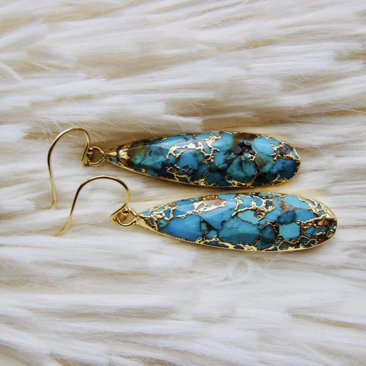 

LS-B1119 Genuine Turquoise Earrings Dangle, Raw Stone Earrings, December Birthstone Gold Turquoise Earrings