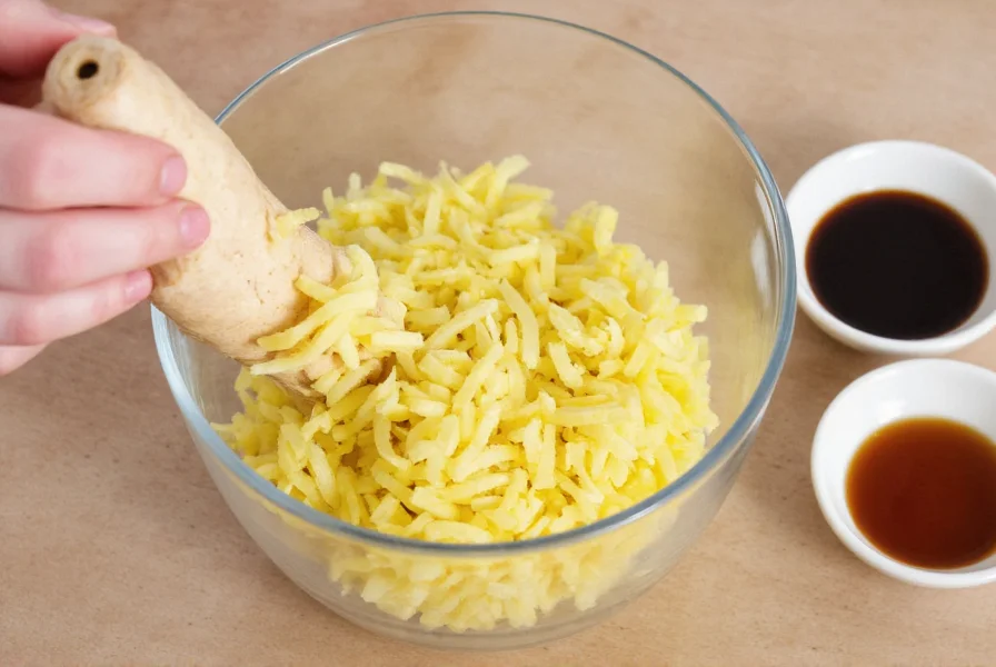 Close-up of fresh ginger root being grated into a glass bowl with rice vinegar and soy sauce ingredients arranged nearby