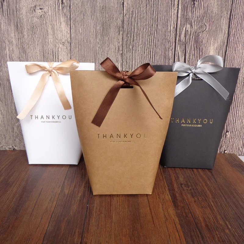 

Custom Logo Candy Bags with ribbon black white kraft paper bag french "mercy" thank you gift box package wedding gift bag