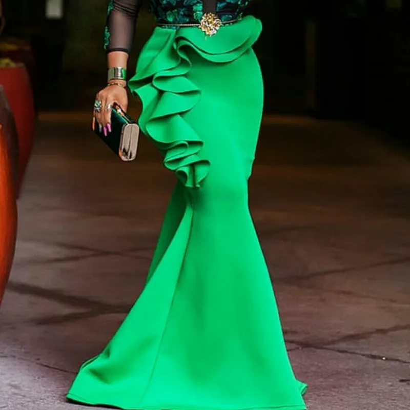 New Party Maxi Green Ruffle Stylish High Waist Women Trumpet Pencil Skirts