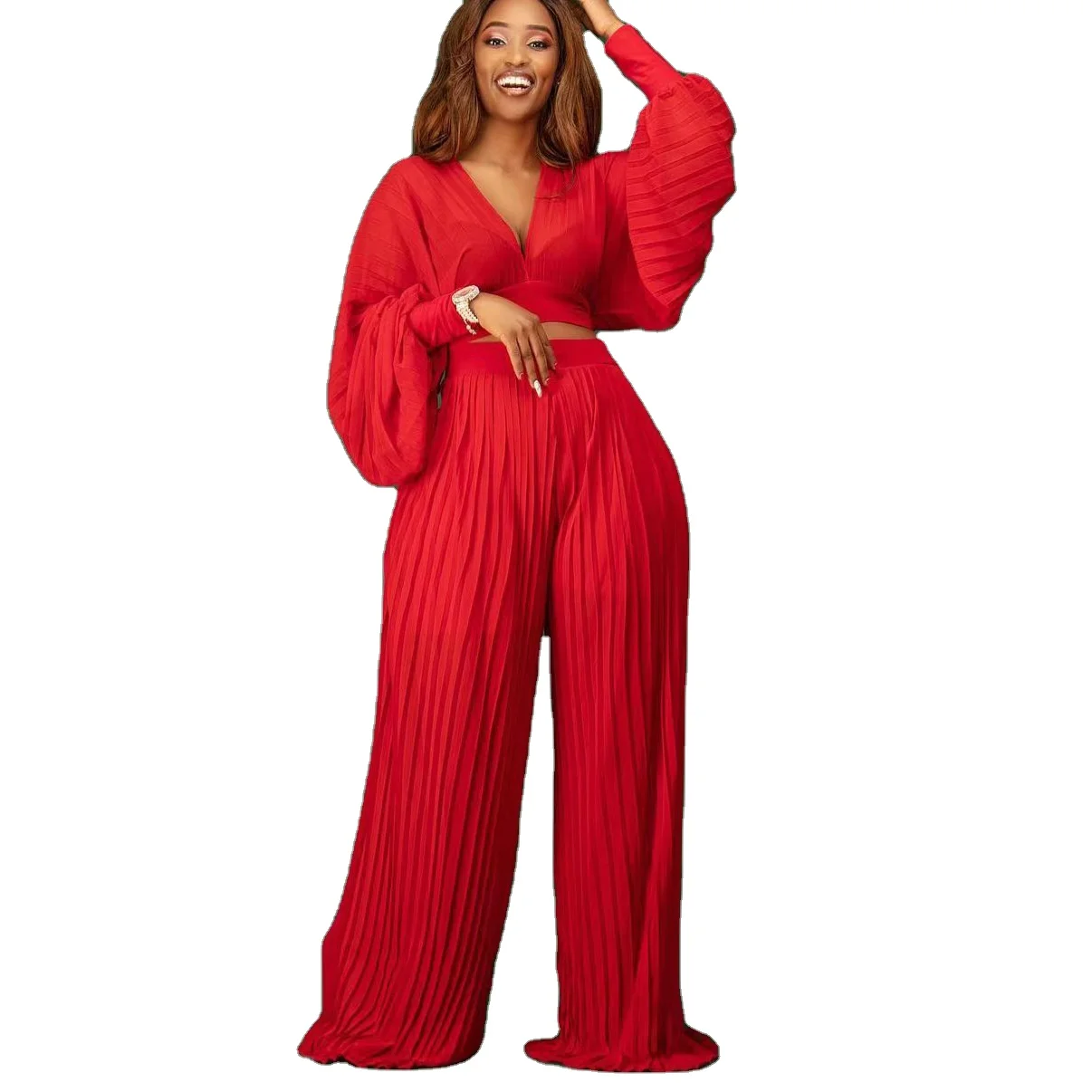 

Long-sleeved V-neck Blouse Wide-leg Pants Suit European And American Pleated Wide-leg Pants Two-piece Suit