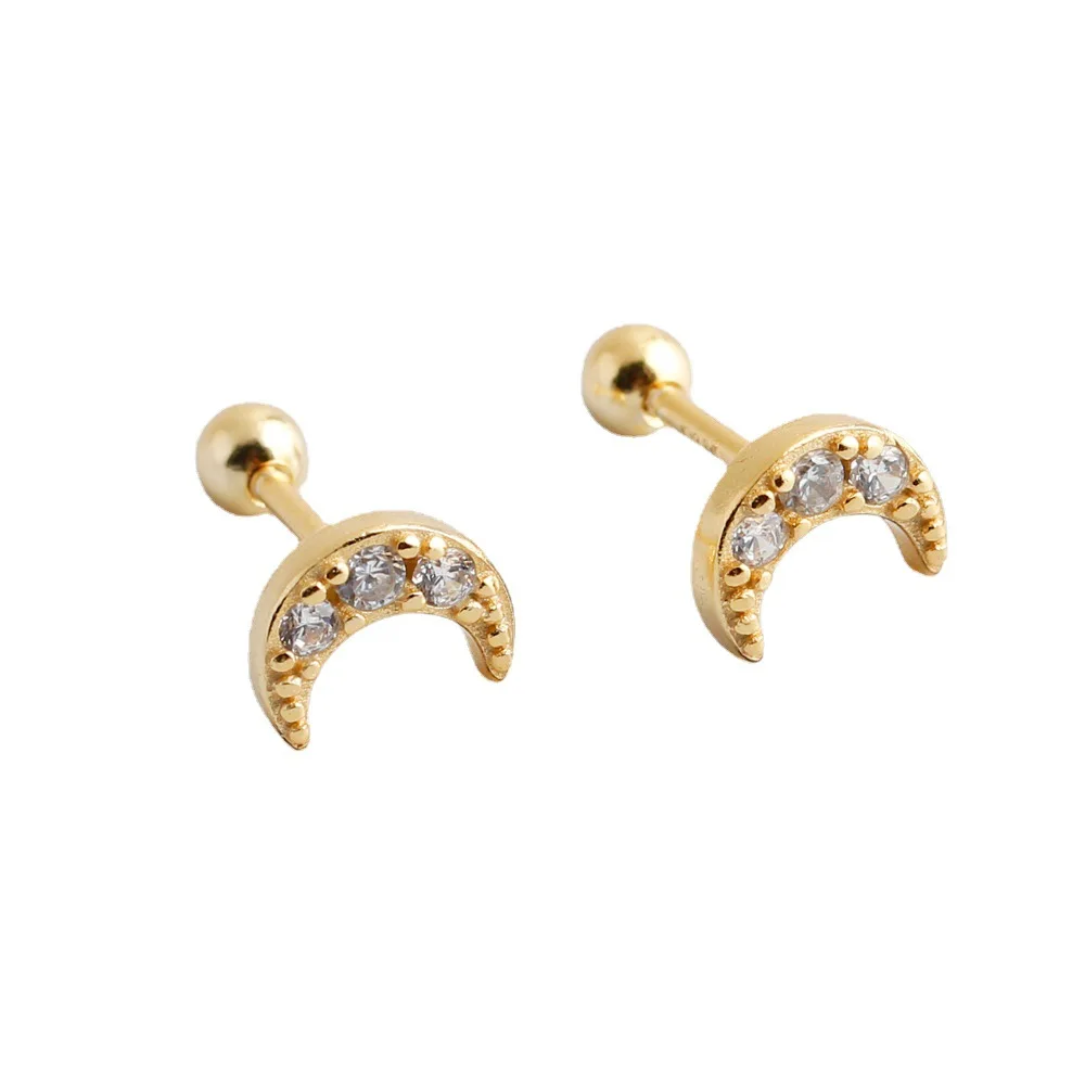 

925 Sterling Silver minimalist cute moon shape crystal earrings gold plated piercing screwbacks stud earring 2023