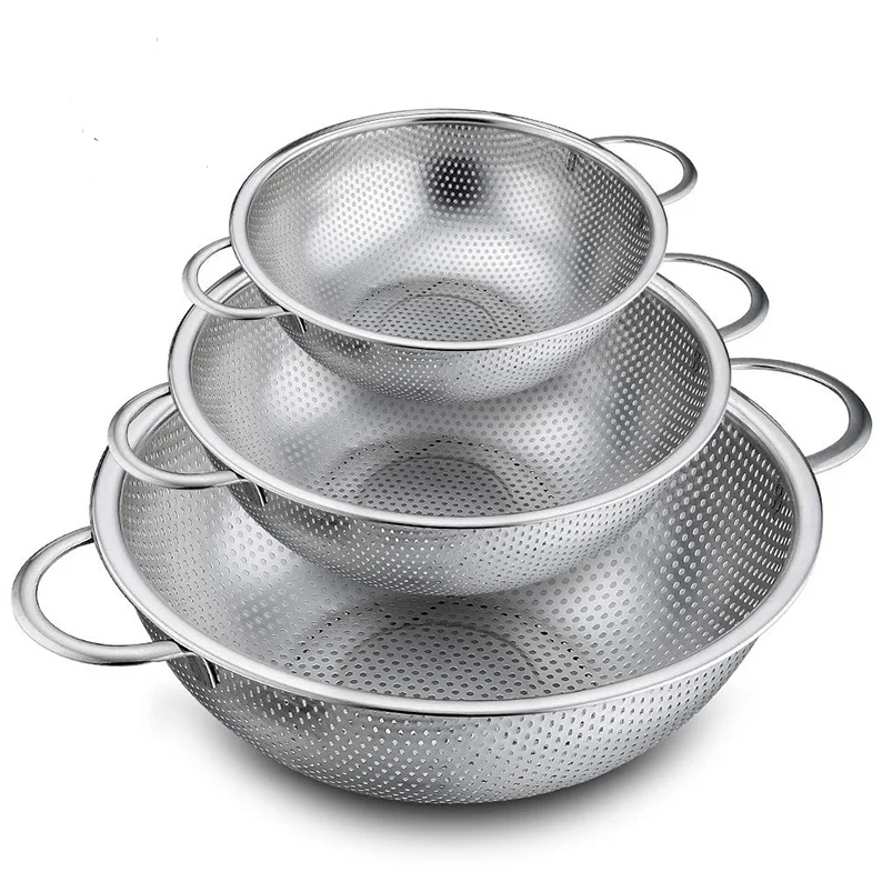 

3 in 1 Heavy duty handles self-draining base stainless steel kitchen sink colander set, Silver