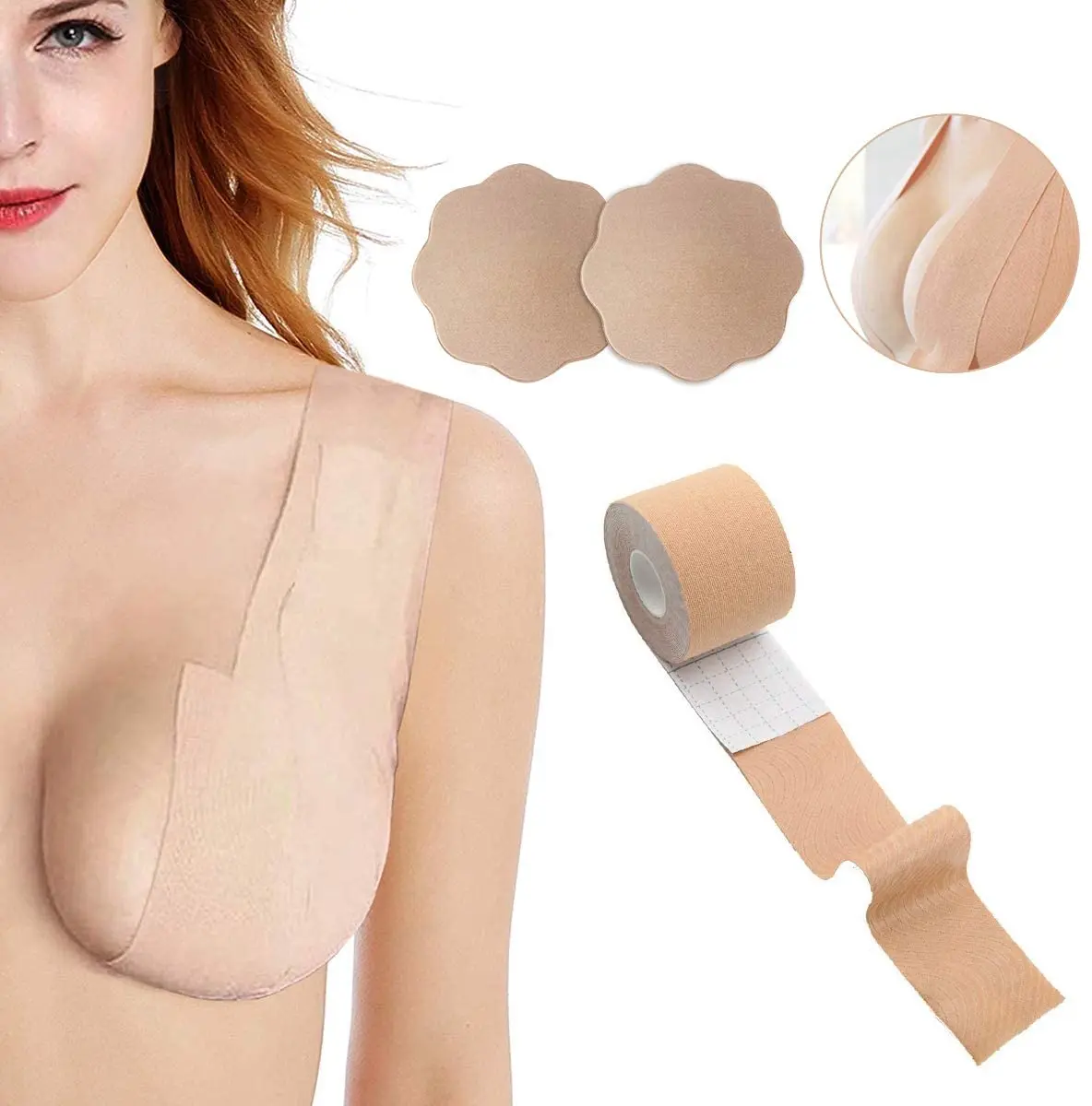 

Fashion Lady Adhesive Invisible Breathable Feel Free Breast Lifting Women Bra Boob Tape, Black,white, brown, beige1, beige 2