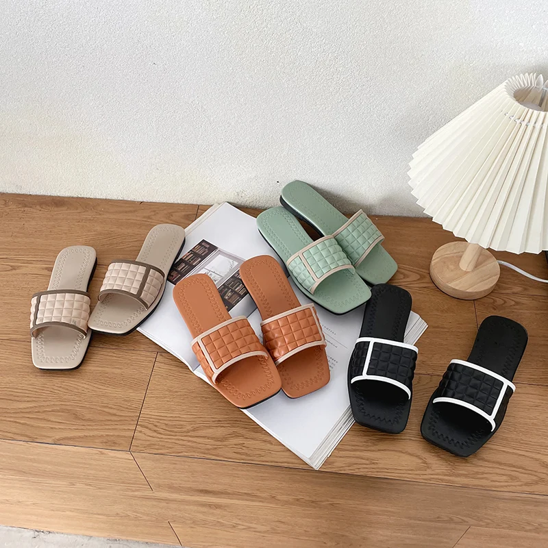 

China Factory Wholesale Hot Design Casual PVC Ladies Square Toe Sandals Indoor Outdoor Slippers For Women, Black, brown and beige