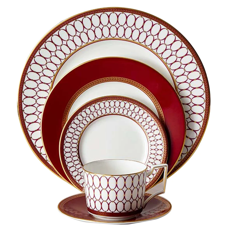 

Luxury Dinner Set Wedding Royal Bone China Dinnerware Wholesale Western Style Red Charger Plate Dishes Porcelain Tableware