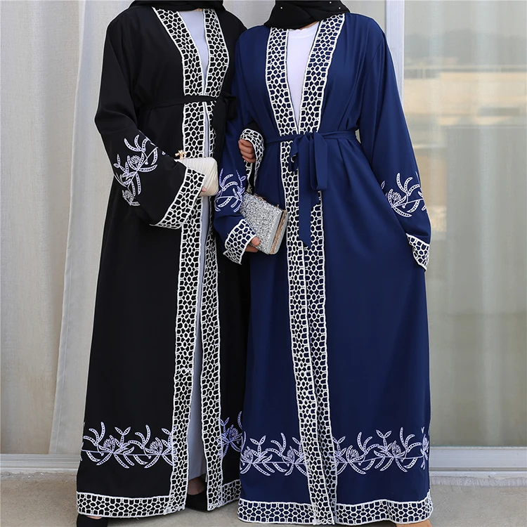 

Hot Selling Muslim Islamic Clothing Front Open With Belt Embroidery Kimono dubai Abaya, 3 colors in stock also accept customized color