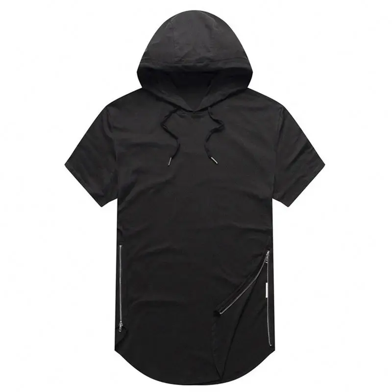 

Short-sleeved side zipper rounded hem high street men hip hop t shirt with hood