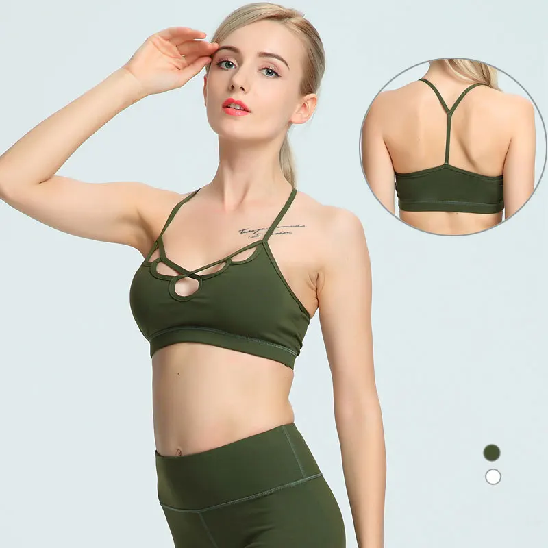 

Wholesale spaghetti strap Y back yoga bra custom fitness ladies sports bra, White and army green available in stock