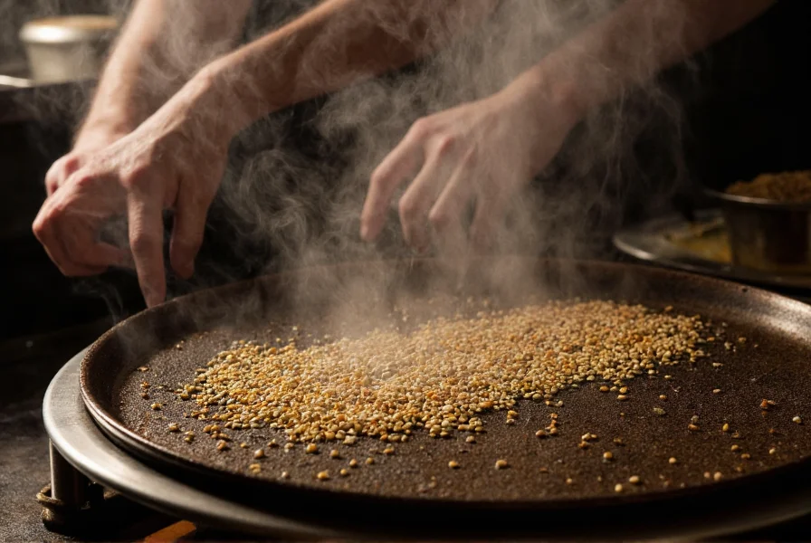 Chef's hands toasting cumin seeds in a traditional Indian tava (flat pan) with aromatic steam rising