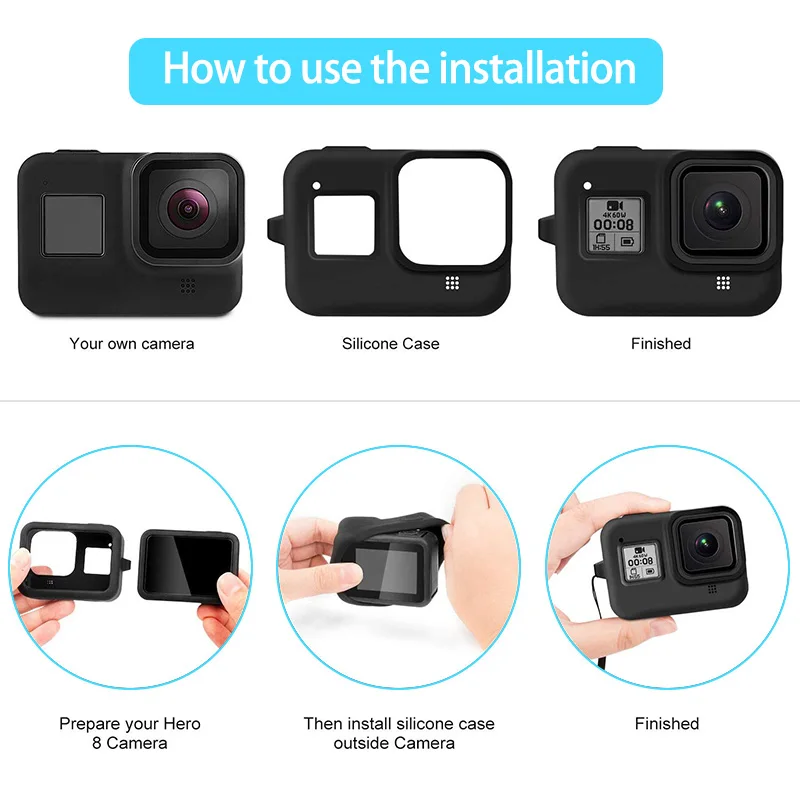 Protective Silicone Sleeve Cases Lanyard For Gopro Hero 8 Black