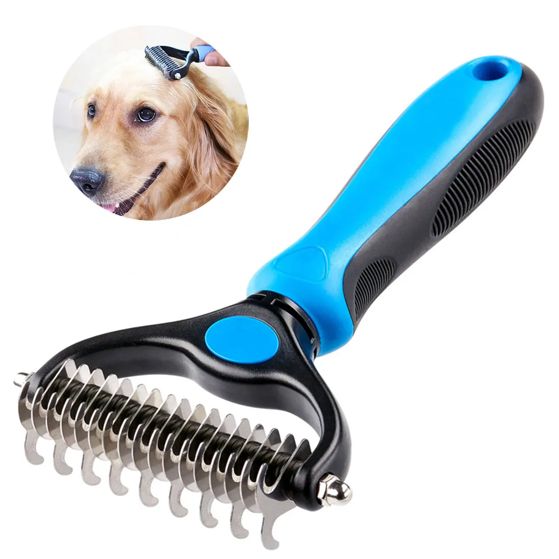 

Pet Hair Removal Comb Double Sided Blades Fur Dematting Trimmer Deshedding Brush Grooming Tool, Blue,pink