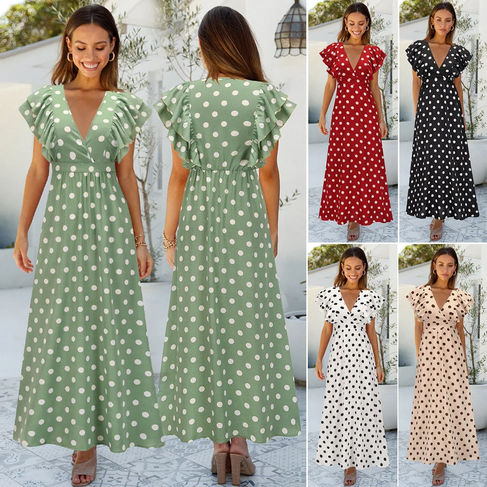 

2022 summer and spring China vendor new arrival deep V neck pork dot long Beach Sundress for women