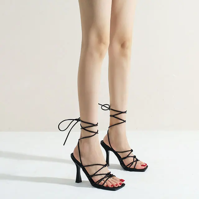 

Women Square Toe Wrap Around Heels Pumps Ankle Lace Up Fishnet High Heel Sandals