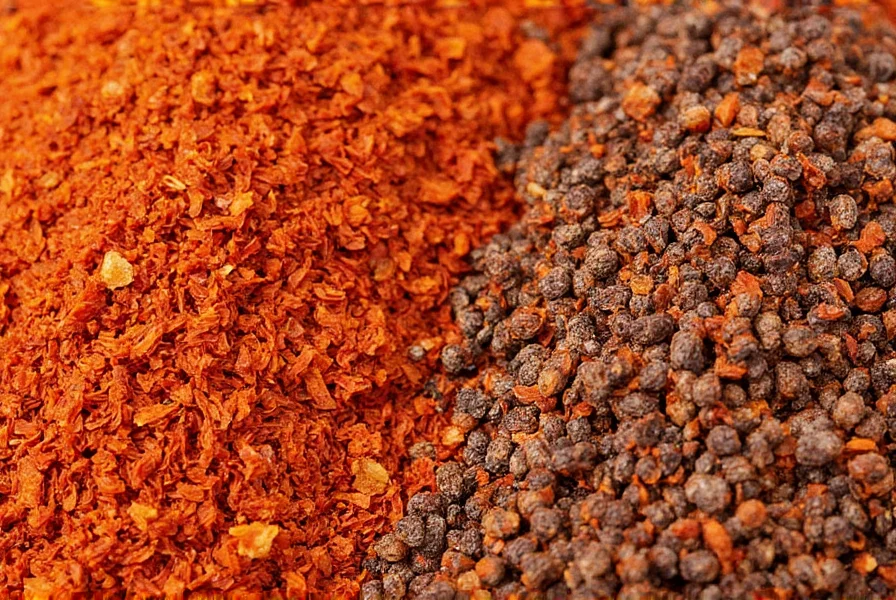 Close-up of Urfa Biber pepper flakes next to Aleppo pepper for visual comparison of texture and color