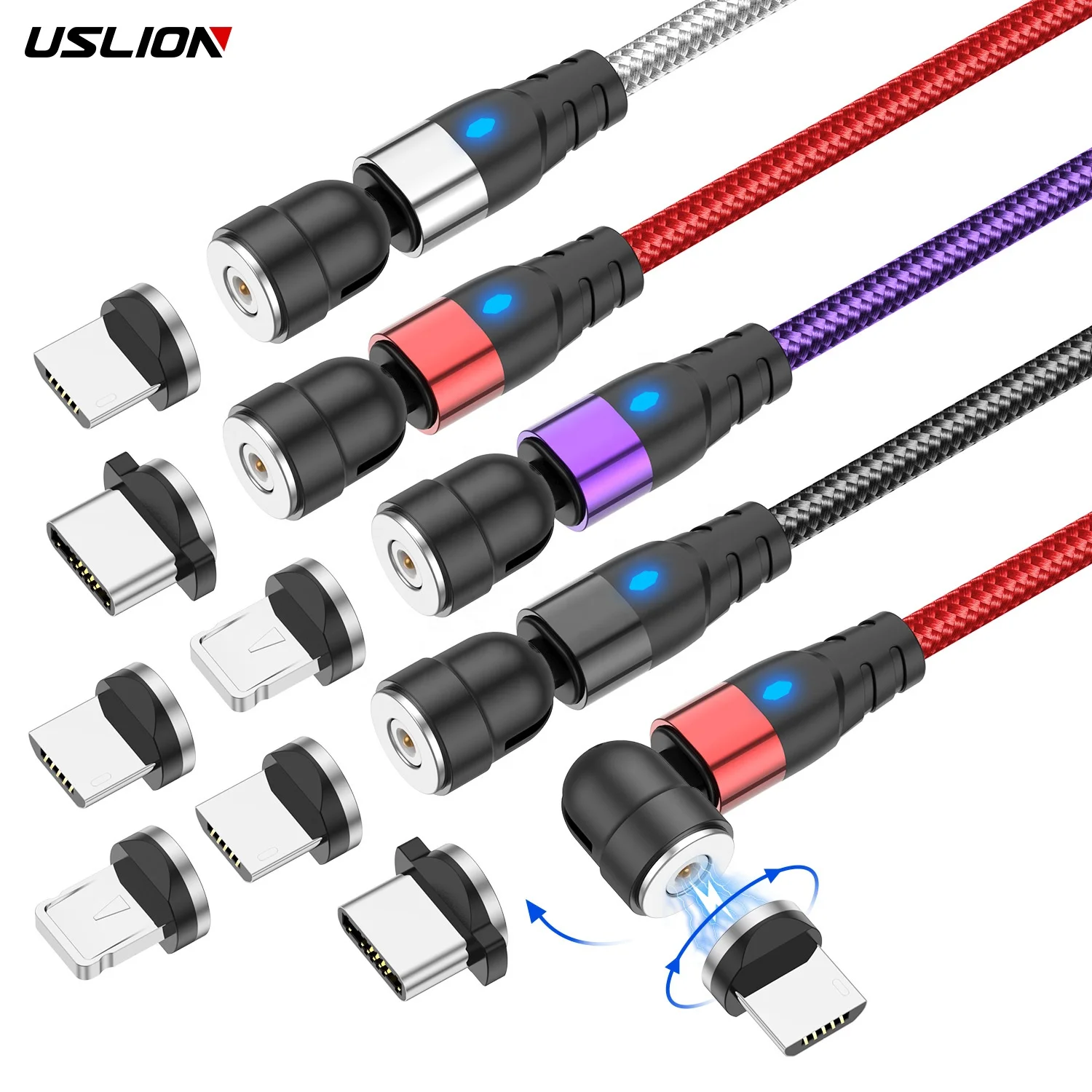 

USLION 3 in 1 1M 2M 540 Rotate Micro USB Magnetic Charging USB Cable for iphone Type C Android Mobile Phone, Black/red/silver/purple