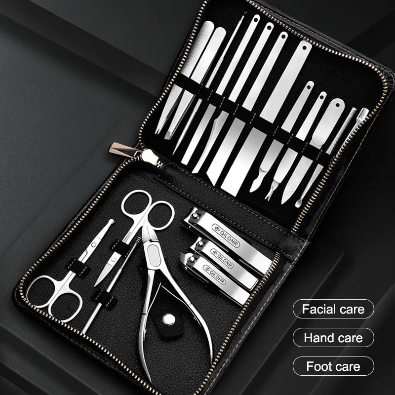 

19pcs Factory High Quality stainless steel nail clipper set nail art cutters cuticle scissor flies nippers travel nail manicure, Black