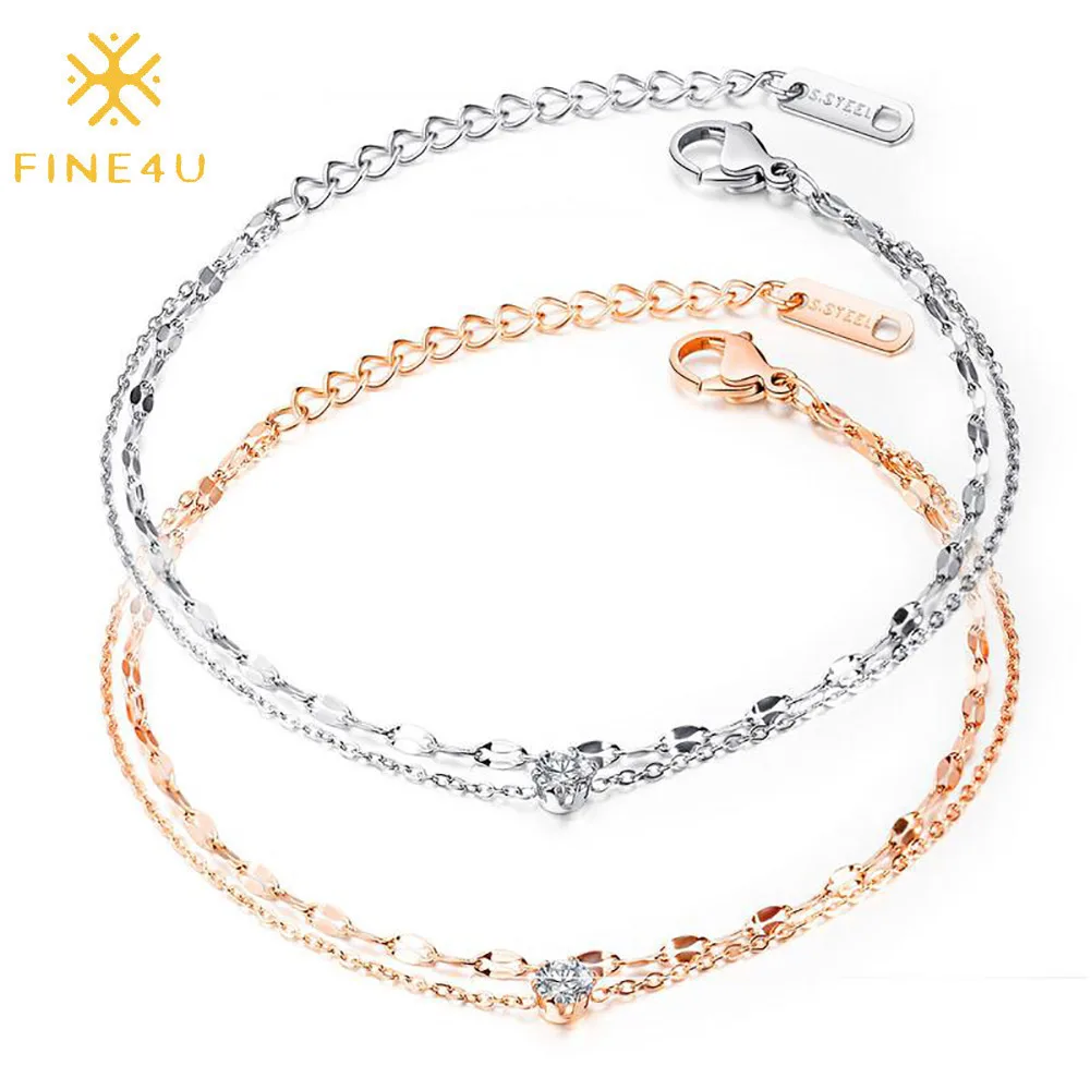 

Simple women double layered stainless steel rose gold plated cubic zirconia girls bracelets, Rose gold/steel