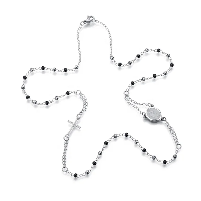 

Religious Stainless Steel Virgin Mary Jesus Pendant, Black Rosary Bead Cross Chain Necklace