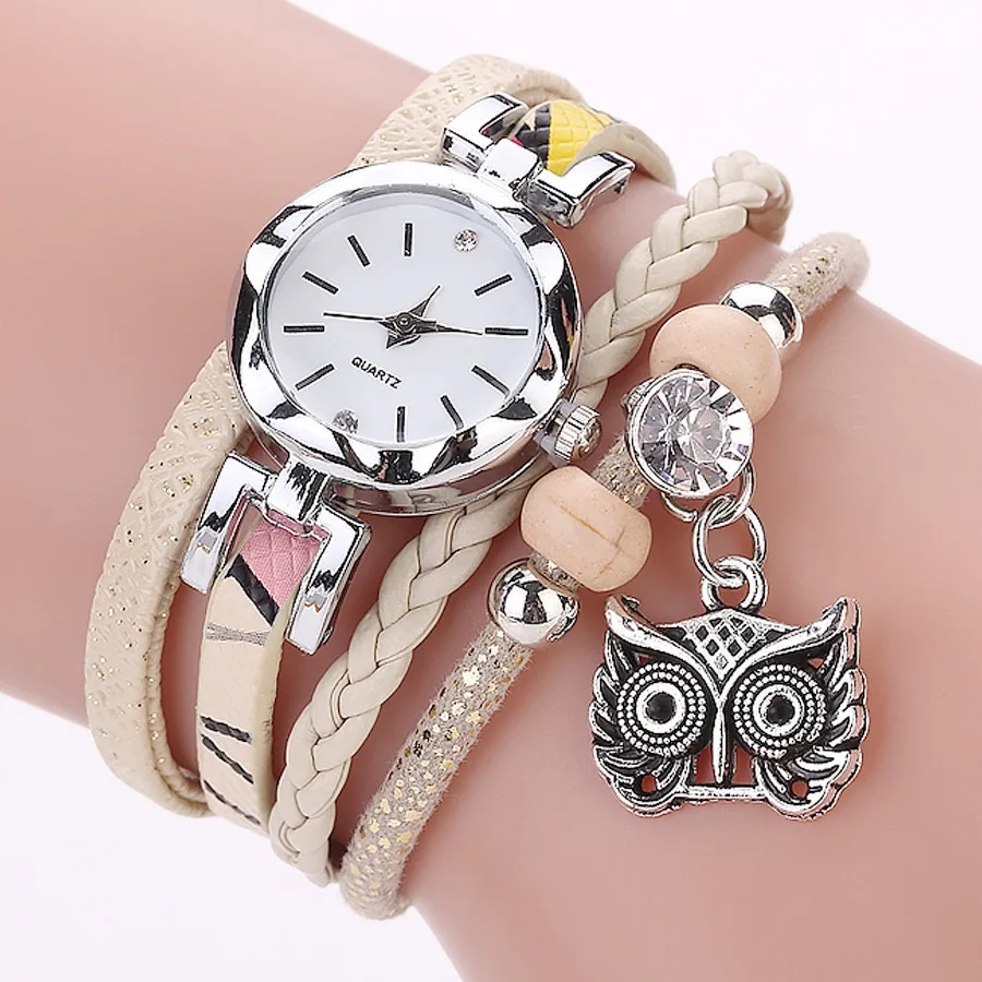 

Fashion Women Dress Quartz Ladies Retro Wrap Three Loop Bracelet Watch Ladies Cute Owl Multilayer Wristwatches, 6 colors