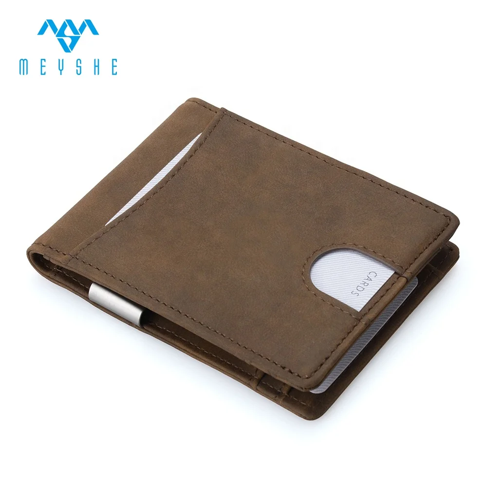 

Vintage brown pu leather mens slim rfid minimalist money clip wallet