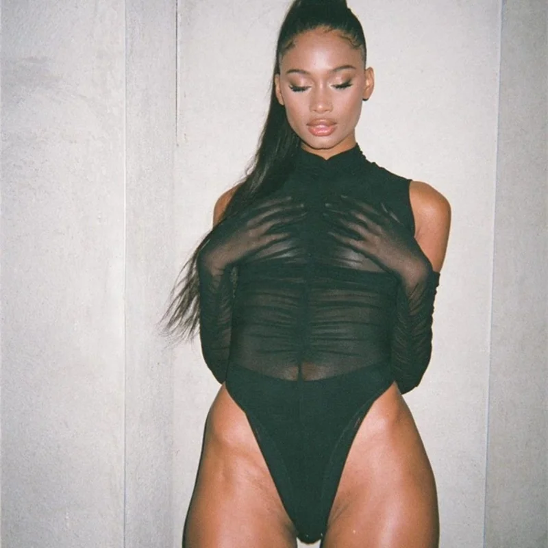 

2021 latest women long sleeve bodysuit club wear hollow out stacked sexy transparent bodysuit, Black