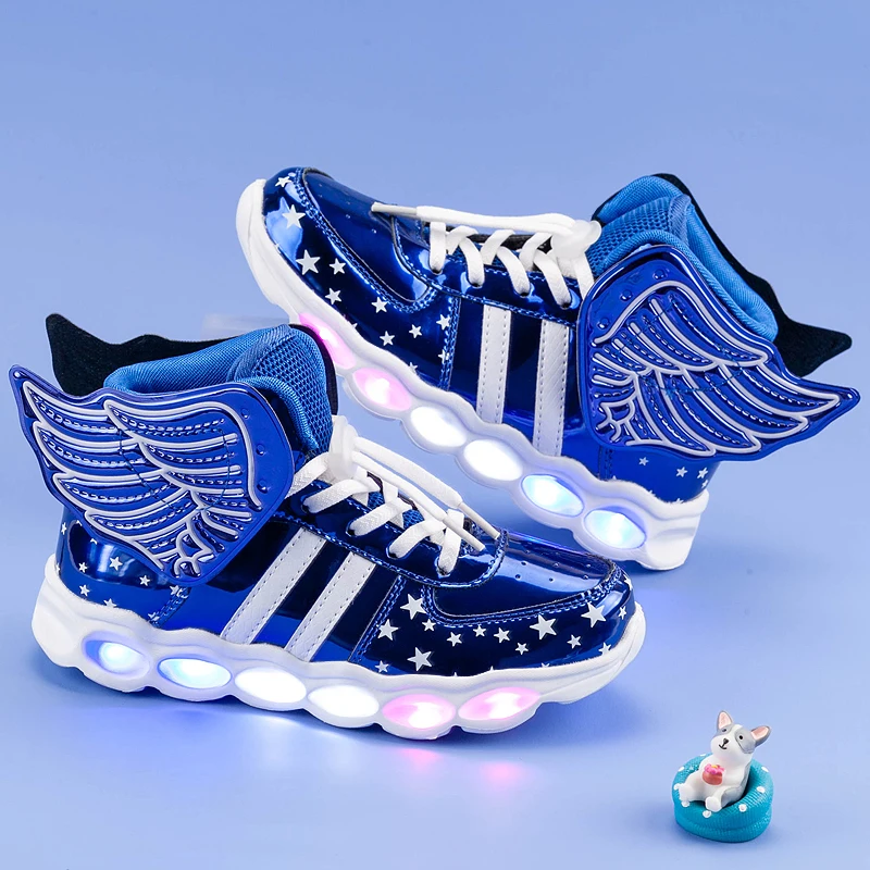 

USB Rechargeable Colorful LED Light Children Led Casual Sport Shoes Kids Wing Sneakers Children Light Led Running Shoes, Gold/silver/black