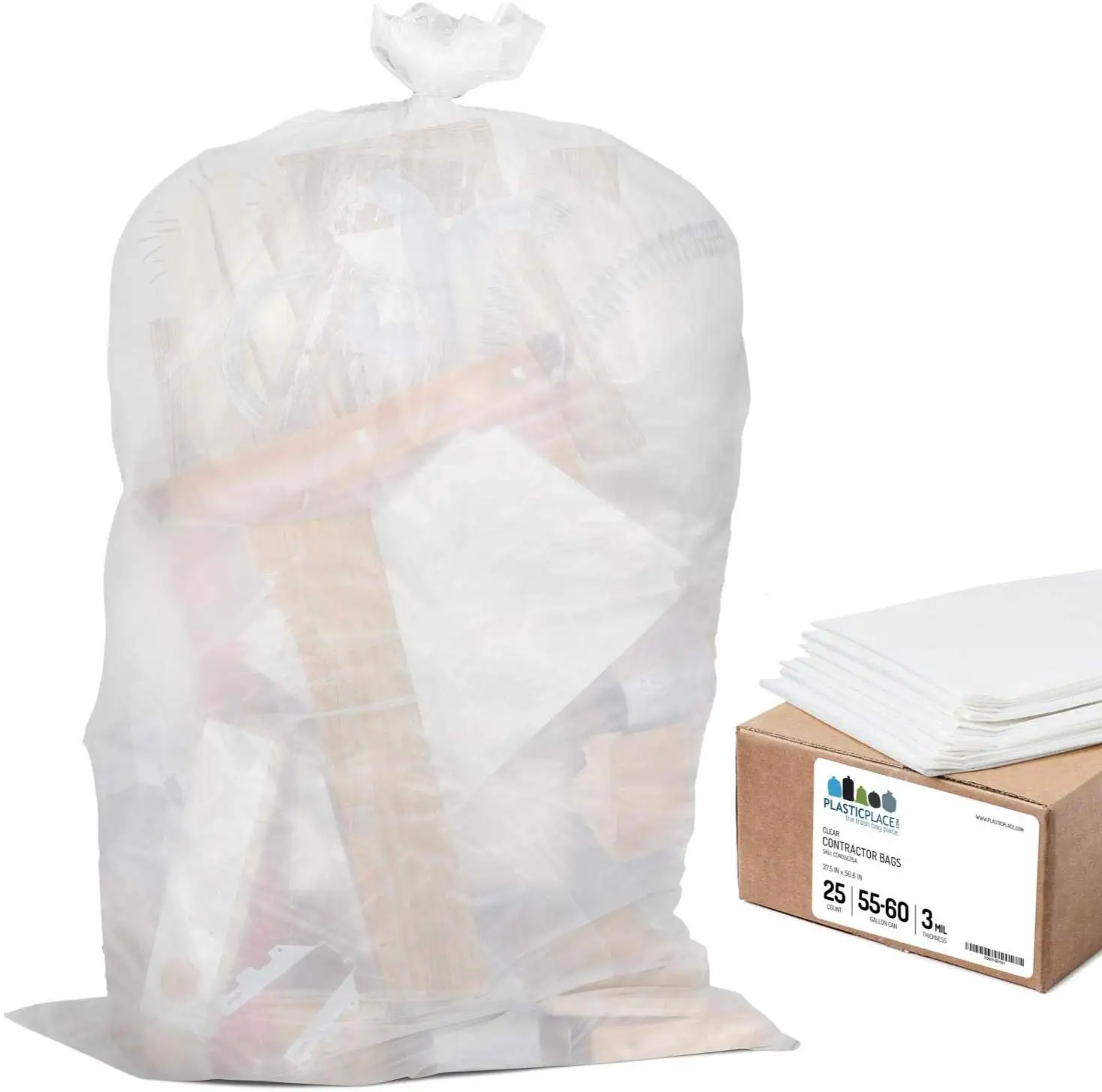 95 Gallon Contractor Bags: Clear, 3 Mil, 61X68, 25 Bags.