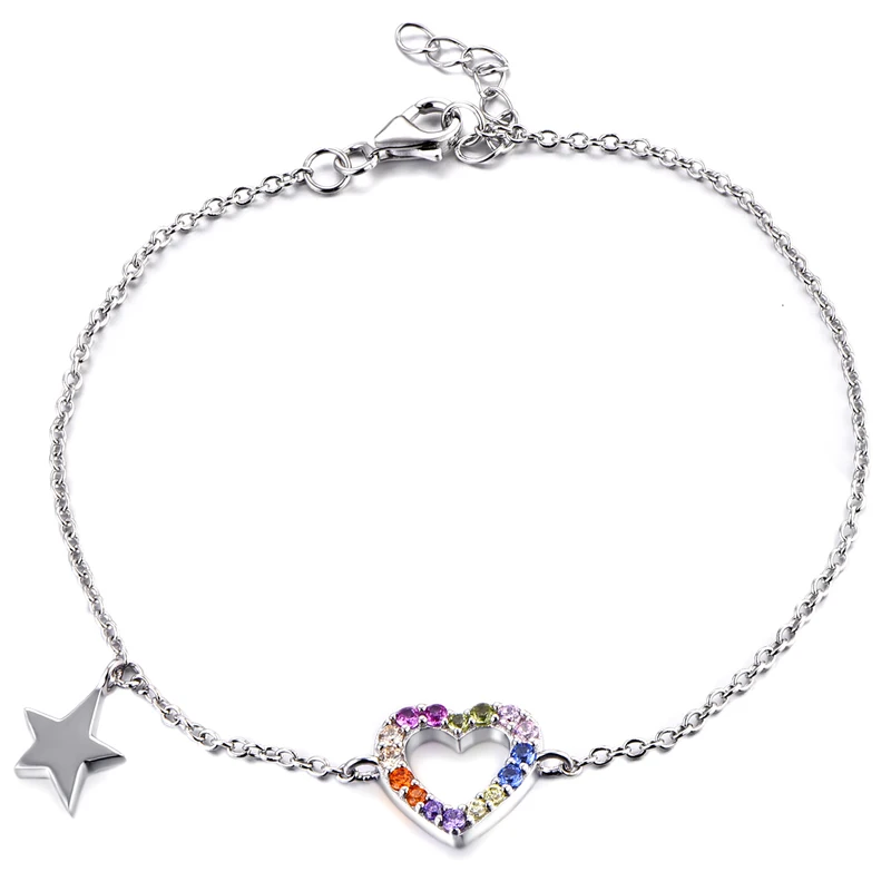 

Customized Dainty Luxury Zirconia 925 Sterling Silver Rhodium Plated Trendy Women CZ Diamond Colorful Star Bracelets With Hearts