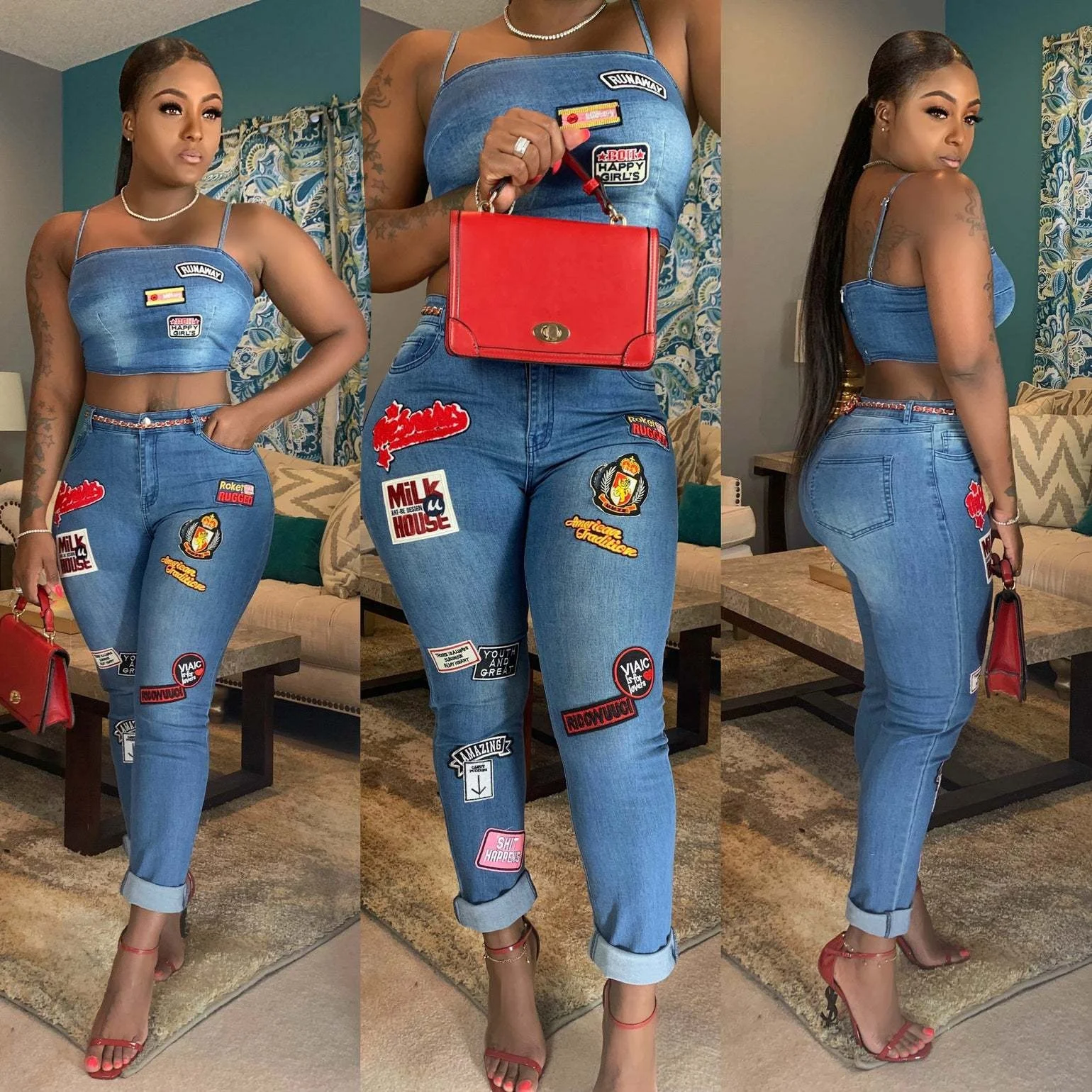 

Cartoon Patch Jeans Suit New Arrival Casual Women Stretch Slim Fit Camisole Jeans Suit Women Clothing, Blue