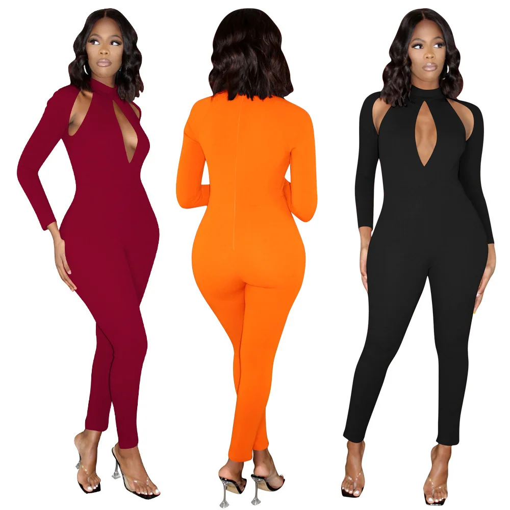 

2022 New Arrivals Solid Bodycon Jumpsuits Halter Long Sleeve Bodysuits For Women Sexy Hollow Out Jumpsuits