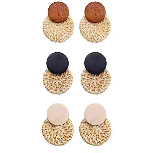 

Handmade Grass Earrings Light Round Earrings Rattan Earrings for Women