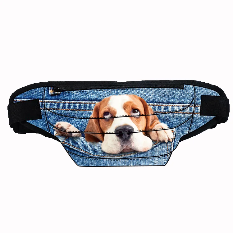 

Cheap personalized belt bag waist with multi compartment cute dog on jeans pocket design custom sport fanny pack waist bag, Customized