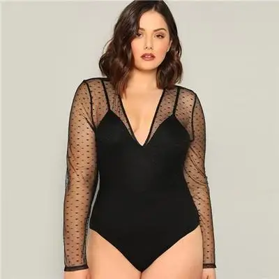

F11053A women's deep V mesh jumpsuit bandage plus size bodysuit, Black