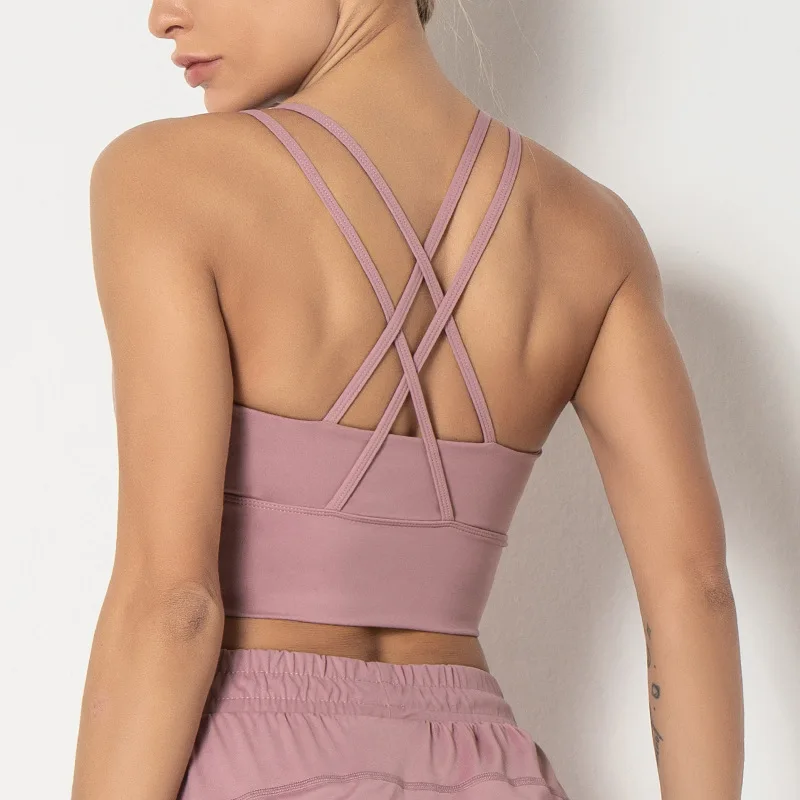 

High Quality Nylon Yoga Wear Crisscross Solid Color Crop Top Sports Bra
