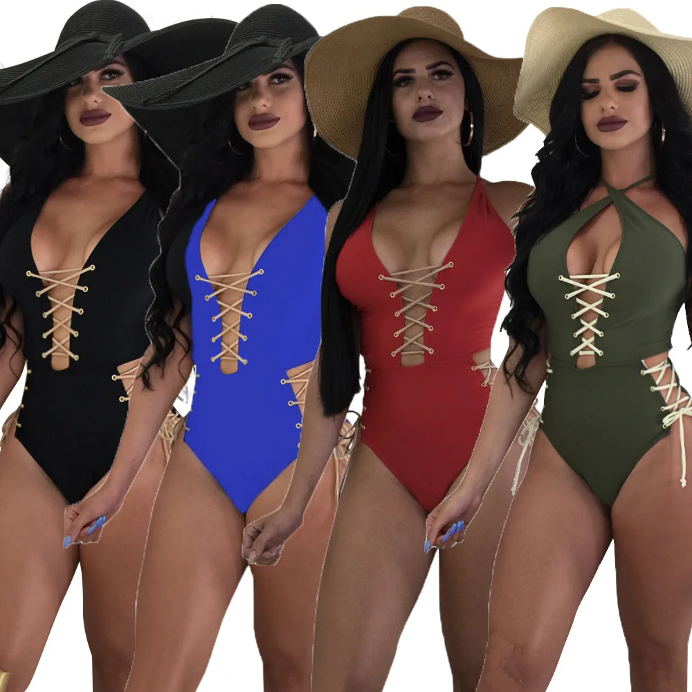 

B9079 New arrivals summer bandage sleeveless bikini 2021 backless swimwear woman one piece jumpsuit bikini swimwear