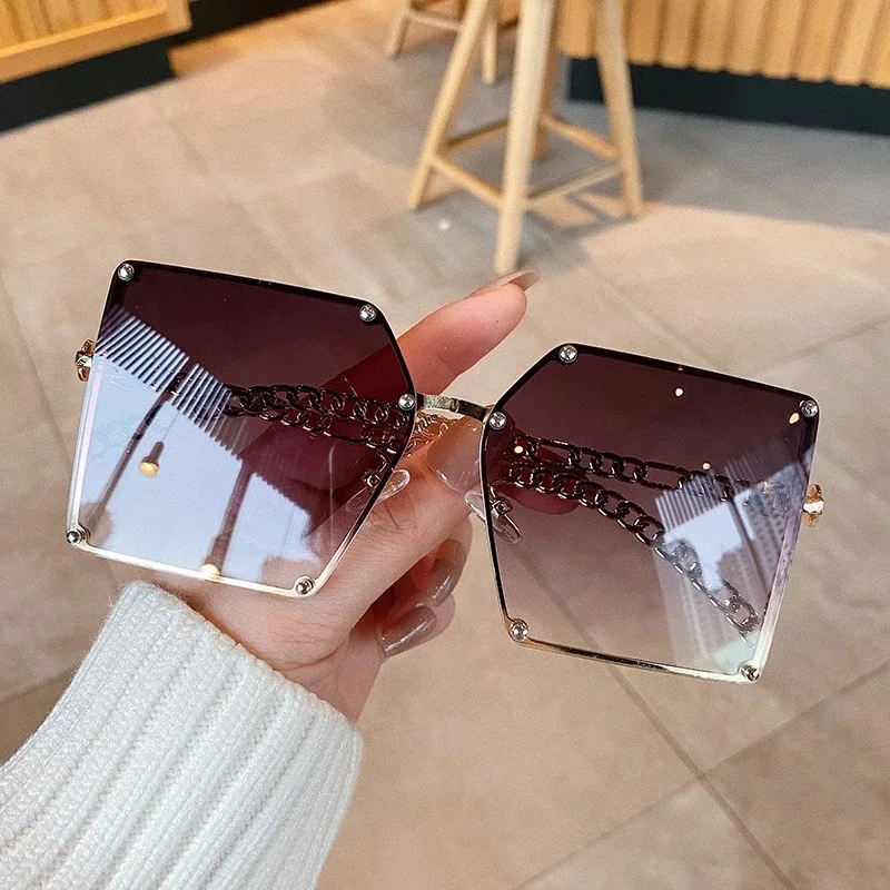 

metal square rimless with sunglasses ladies chain women sunglasses 2021