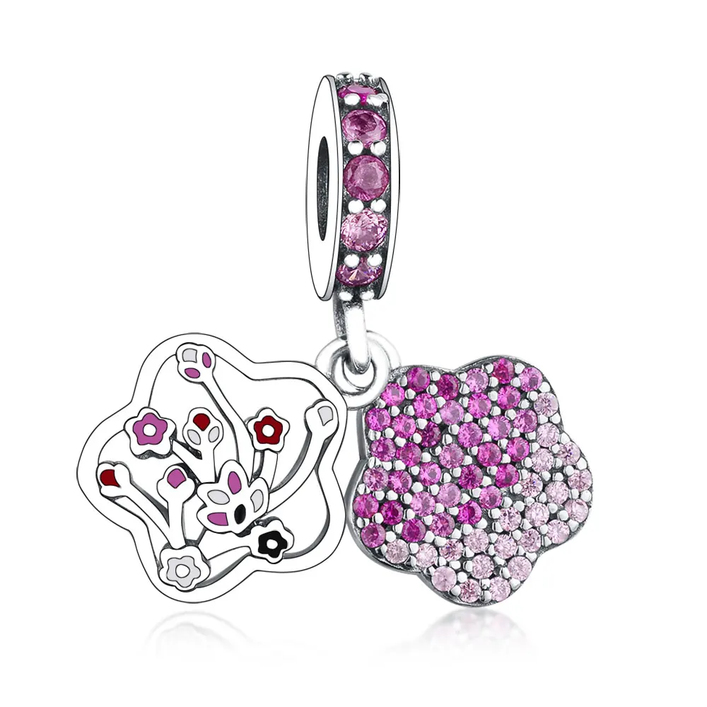 

Fashion Wholesale Zircon Flower Charm 925 Sterling Silver Purple Bloom Flower Dangle Beads Charm For Bracelet Pendant
