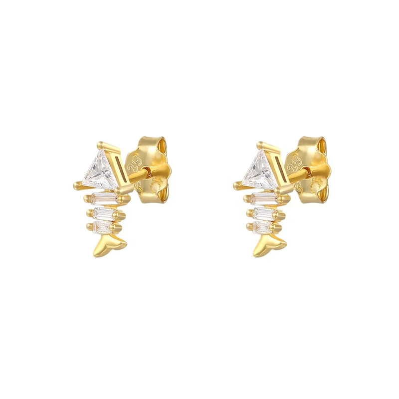 

Triangle gemstone zircon diamond goldfish bone S925 silver gold stud earrings