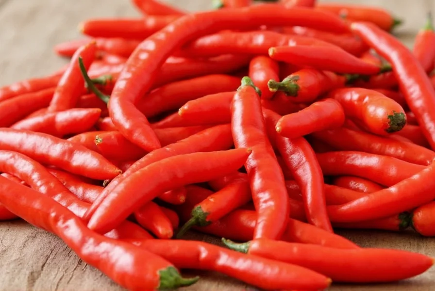 Close-up of cayenne pepper pods on plant showing vibrant red color and texture