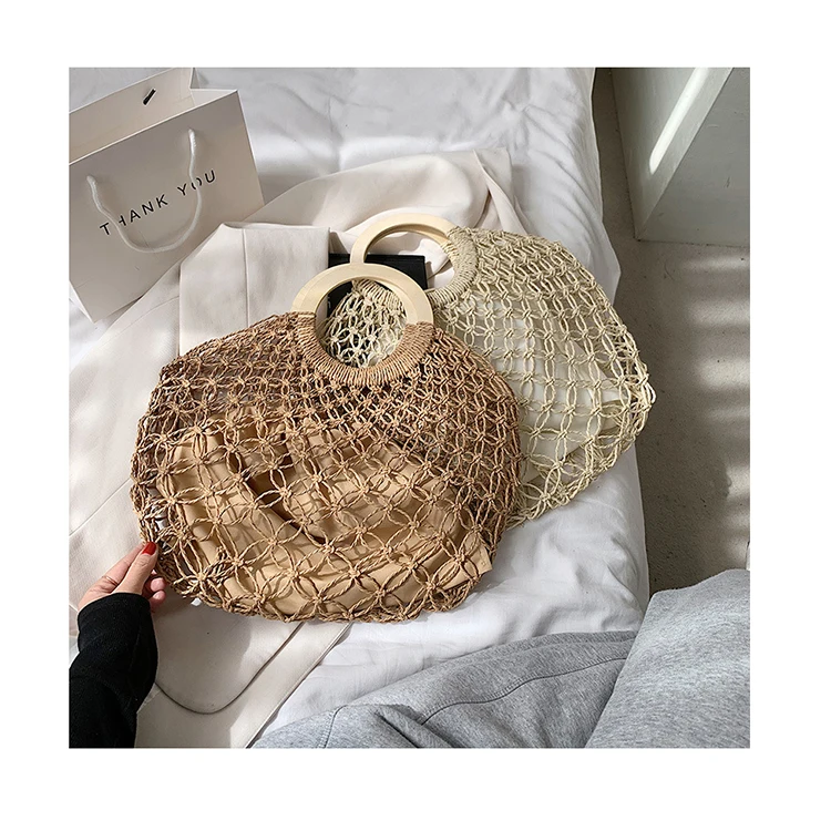 

Fishing Net Woven Handbags Casual Round Handle Tote Female Summer Beach Straw Bags Bohemia Thread Hollow Out Hand-woven Bag Sac