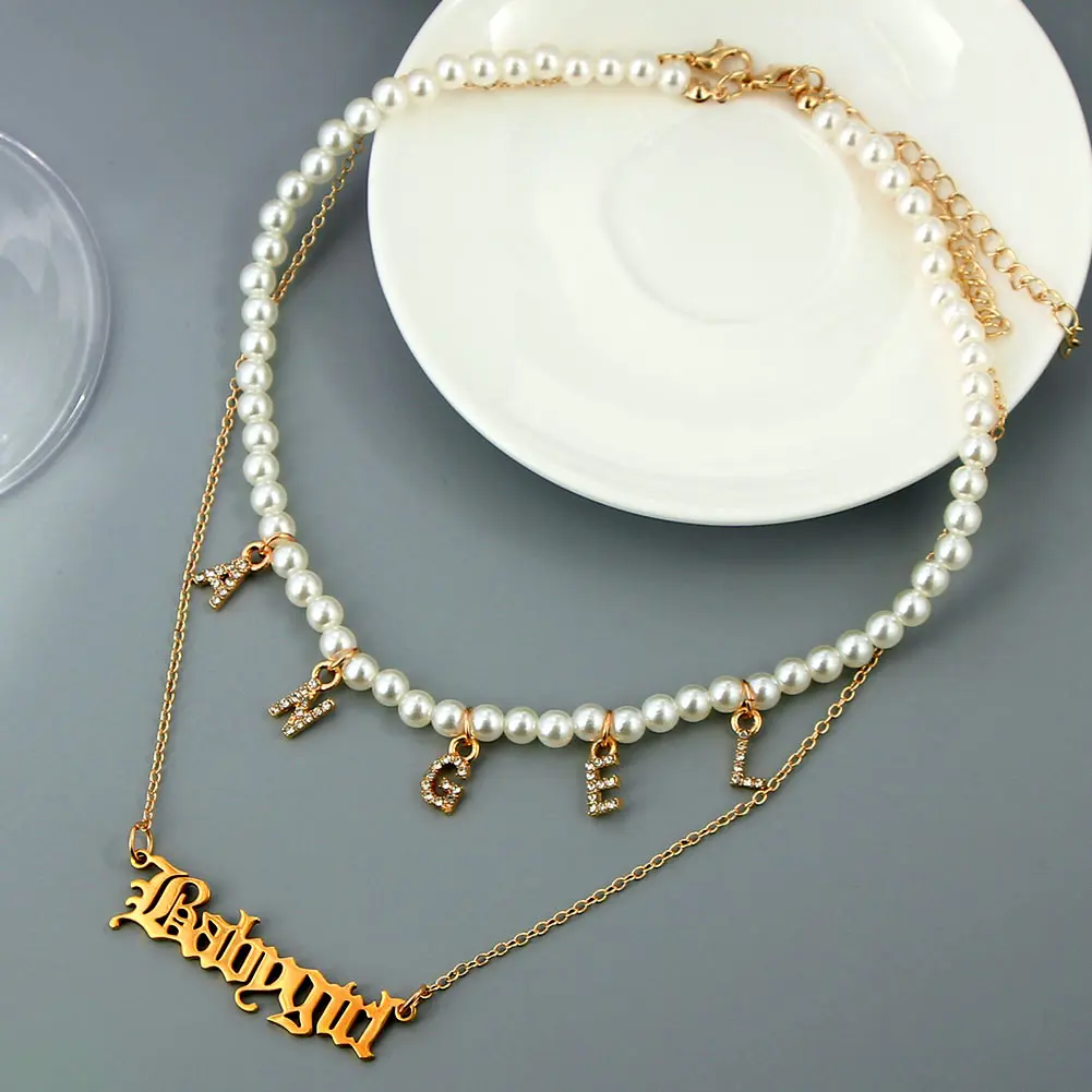 

Boho Bride Wedding Party Jewelry Charm Crystal Letter Pearl Beaded Chokers Gold Color Metal Multilayer Babygirl Pendant Necklace